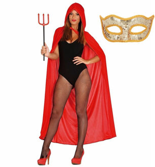 Carnaval gemaskerd bal verkleed set - Oogmasker goud - Lange cape met capuchon rood - dames One size