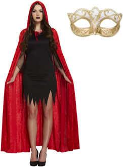 Carnaval gemaskerd bal verkleed set - Oogmasker goud - Lange cape met capuchon rood - volwassenen One size