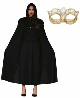 Carnaval gemaskerd bal verkleed set - Oogmasker goud - Lange cape met capuchon zwart - dames - One size