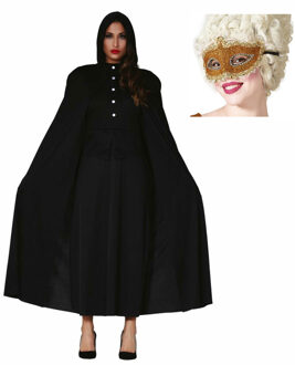 Carnaval gemaskerd bal verkleed set - Oogmasker goud - Lange cape met capuchon zwart - dames One size