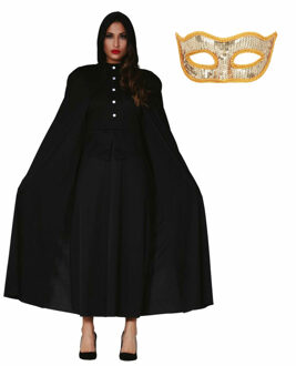 Carnaval gemaskerd bal verkleed set - Oogmasker goud - Lange cape met capuchon zwart - dames One size
