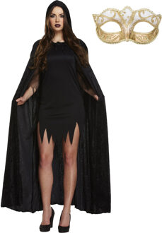 Carnaval gemaskerd bal verkleed set - Oogmasker goud - Lange cape met capuchon zwart - volwassenen - One size