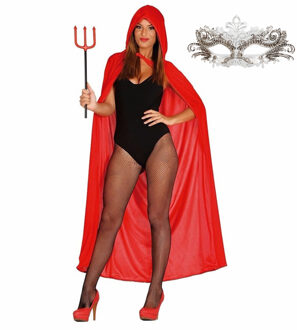 Carnaval gemaskerd bal verkleed set - Oogmasker zilver - Lange cape met capuchon rood - dames - One size