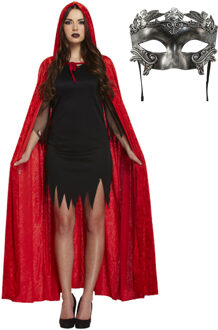 Carnaval gemaskerd bal verkleed set - Oogmasker zilver - Lange cape met capuchon rood - volwassenen One size