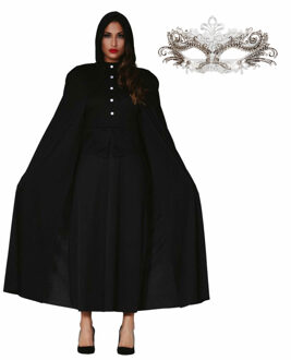 Carnaval gemaskerd bal verkleed set - Oogmasker zilver - Lange cape met capuchon zwart - dames - One size