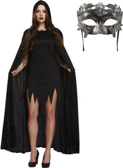 Carnaval gemaskerd bal verkleed set - Oogmasker zilver - Lange cape met capuchon zwart - volwassenen - One size
