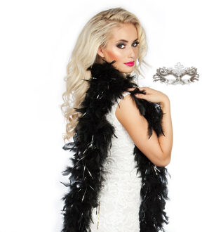 Carnaval gemaskerd bal verkleed set - Oogmasker zilver - Veren Boa zwart/zilver