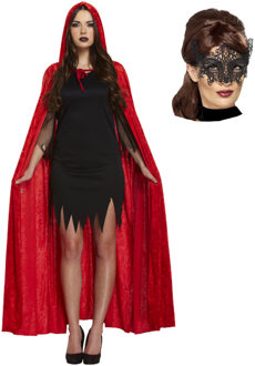 Carnaval gemaskerd bal verkleed set - Oogmasker zwart - Lange cape met capuchon rood - dames - One size