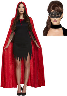 Carnaval gemaskerd bal verkleed set - Oogmasker zwart - Lange cape met capuchon rood - dames - One size
