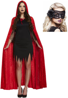 Carnaval gemaskerd bal verkleed set - Oogmasker zwart - Lange cape met capuchon rood - volwassenen - One size