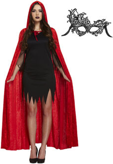 Carnaval gemaskerd bal verkleed set - Oogmasker zwart - Lange cape met capuchon rood - volwassenen One size