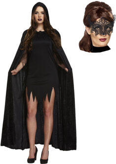 Carnaval gemaskerd bal verkleed set - Oogmasker zwart - Lange cape met capuchon zwart - dames - One size
