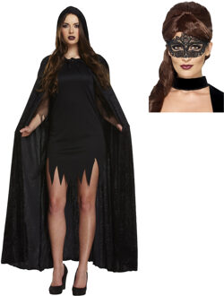 Carnaval gemaskerd bal verkleed set - Oogmasker zwart - Lange cape met capuchon zwart - dames One size