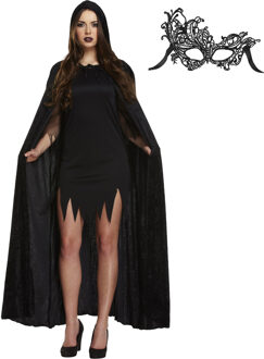Carnaval gemaskerd bal verkleed set - Oogmasker zwart - Lange cape met capuchon zwart - volwassenen - One size