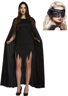 Carnaval gemaskerd bal verkleed set - Oogmasker zwart - Lange cape met capuchon zwart - volwassenen - One size