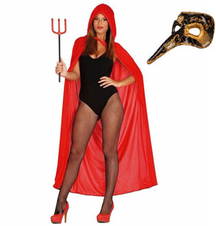 Carnaval gemaskerd bal verkleed set - Snavelmasker - Lange cape met capuchon rood - dames - One size