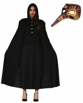 Carnaval gemaskerd bal verkleed set - Snavelmasker - Lange cape met capuchon zwart - dames - One size
