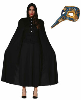 Carnaval gemaskerd bal verkleed set - Snavelmasker - Lange cape met capuchon zwart - dames One size