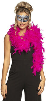 Carnaval gemaskerd bal verkleed set - Venetiaans gezicht masker zilver - Boa 80 gram in fuchsia roze