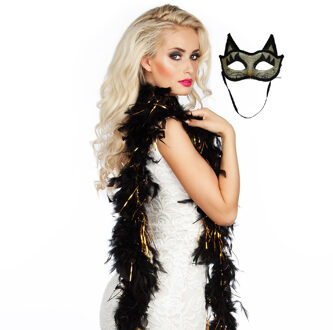 Carnaval gemaskerd bal verkleed set - Venetiaans katten oogmasker goud/zwart - Boa zwart/goud