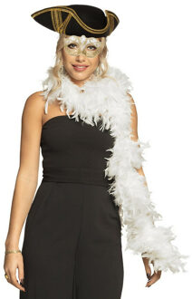 Carnaval gemaskerd bal verkleed set - Venetiaans masker goud - Boa in wit - driesteek hoed