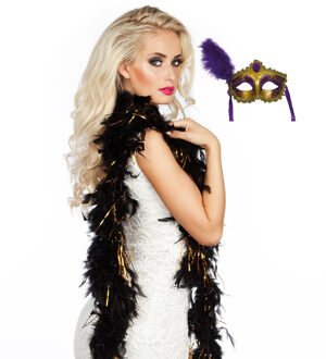 Carnaval gemaskerd bal verkleed set - Venetiaans oogmasker goud/goud/paars - Veren Boa zwart/goud