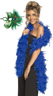 Carnaval gemaskerd bal verkleed set - Venetiaans oogmasker groen/blauw - Veren Boa blauw