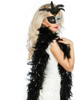 Carnaval gemaskerd bal verkleed set - Venetiaans oogmasker zilver/zwart - Veren Boa zwart/zilver