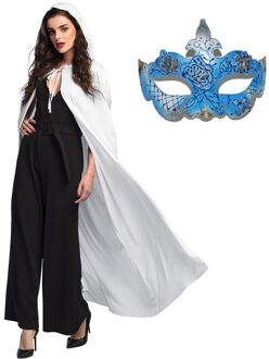 Carnaval gemaskerd bal verkleedkleding - Oogmasker blauw - Cape/mantel in het wit - volwassenen - One size