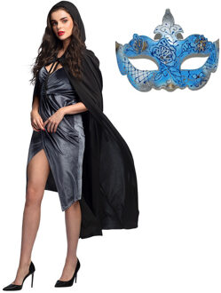 Carnaval gemaskerd bal verkleedkleding - Oogmasker blauw - Cape/mantel in het zwart - volwassenen One size