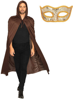 Carnaval gemaskerd bal verkleedkleding - Oogmasker goud - Cape/mantel in het bruin - volwassenen One size