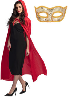 Carnaval gemaskerd bal verkleedkleding - Oogmasker goud - Cape/Mantel in het rood - volwassenen - One size