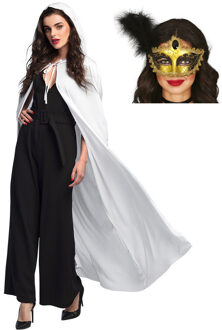 Carnaval gemaskerd bal verkleedkleding - Oogmasker goud - Cape/mantel in het wit - volwassenen - One size