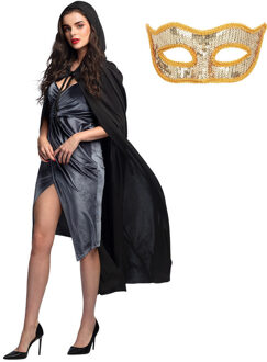 Carnaval gemaskerd bal verkleedkleding - Oogmasker goud - Cape/mantel in het zwart - volwassenen - One size
