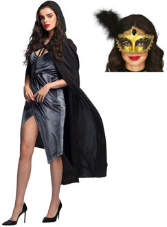 Carnaval gemaskerd bal verkleedkleding - Oogmasker goud - Cape/mantel in het zwart - volwassenen One size