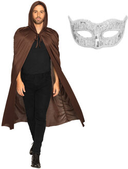 Carnaval gemaskerd bal verkleedkleding - Oogmasker zilver - Cape/mantel in het bruin - volwassenen - One size