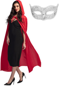 Carnaval gemaskerd bal verkleedkleding - Oogmasker zilver - Cape/mantel in het rood - volwassenen - One size