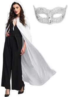 Carnaval gemaskerd bal verkleedkleding - Oogmasker zilver - Cape/mantel in het wit - volwassenen One size