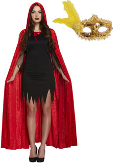 Carnaval gemaskerd bal verkleedkleding set - Oogmasker goud - Cape capuchon rood - volwassenen One size