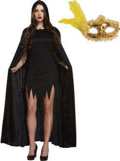 Carnaval gemaskerd bal verkleedkleding set - Oogmasker goud - Cape capuchon zwart - volwassenen - One size