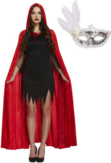 Carnaval gemaskerd bal verkleedkleding set - Oogmasker zilver - Cape capuchon rood - volwassenen One size