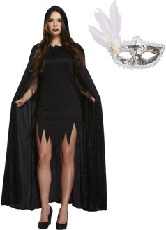 Carnaval gemaskerd bal verkleedkleding set - Oogmasker zilver - Cape capuchon zwart - volwassenen - One size