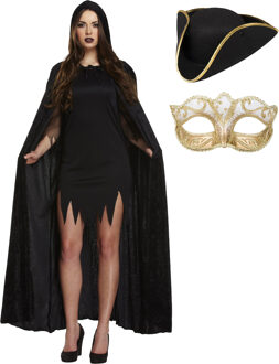 Carnaval gemaskerd bal verkleedset - Oogmasker goud - Mantel zwart - driesteek hoed - volwassenen - One size