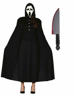 Carnaval Halloween verkleedkleding set - Scream masker - Cape met capuchon zwart - Groot mes 40 cm One size