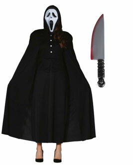 Carnaval Halloween verkleedkleding set - Scream masker - Cape met capuchon zwart - Groot mes 40 cm One size
