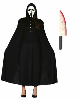 Carnaval Halloween verkleedkleding set - Scream masker - Cape met capuchon zwart - Groot mes 50 cm One size