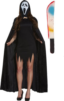 Carnaval Halloween verkleedkleding set - Scream masker - Cape met capuchon zwart - Groot mes 54 cm - One size