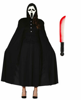 Carnaval Halloween verkleedkleding set - Scream masker - Cape met capuchon zwart - Groot mes One size