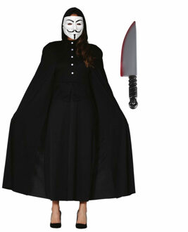 Carnaval Halloween verkleedkleding set - Vendetta masker - Cape zwart met capuchon - Groot mes 40 cm - One size