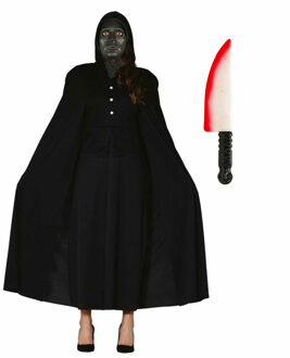 Carnaval Halloween verkleedkleding set - zwart masker - Cape zwart met capuchon - Groot mes 40 cm - One size